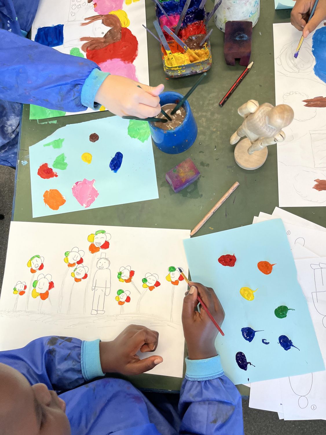 Overhead image of children painting on paper