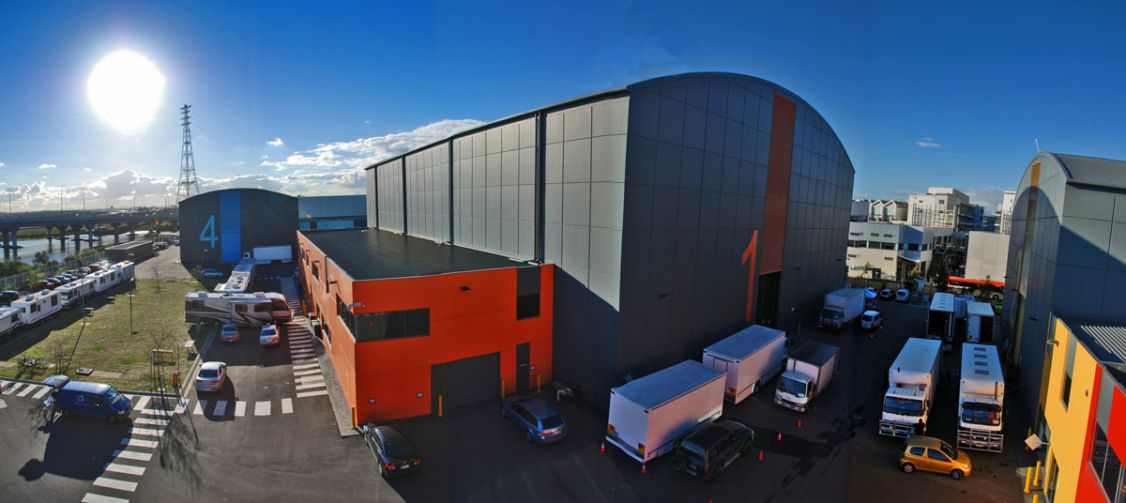 Aerial view of the outside of the studios