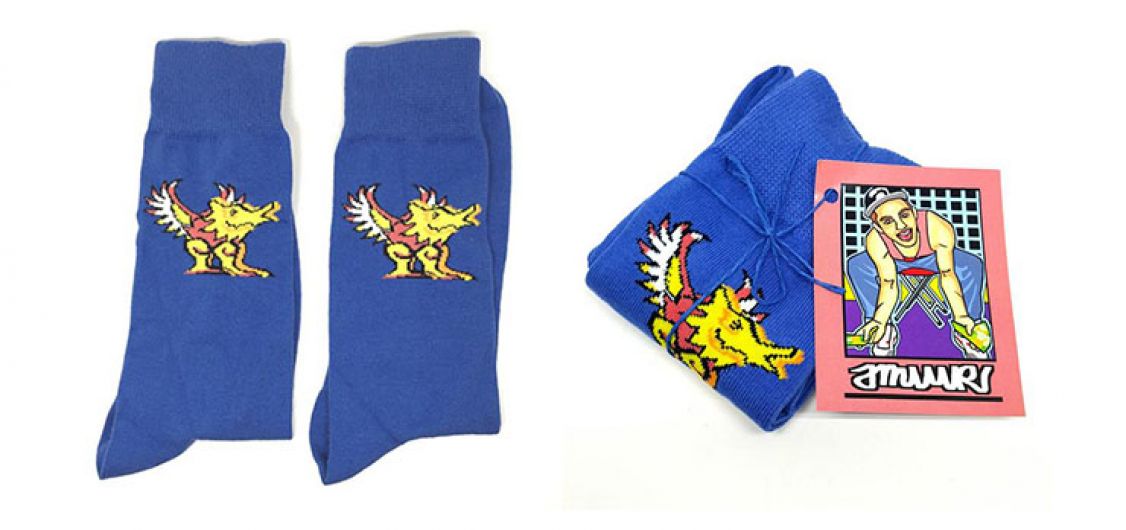 Some blue socks and and other merchandise